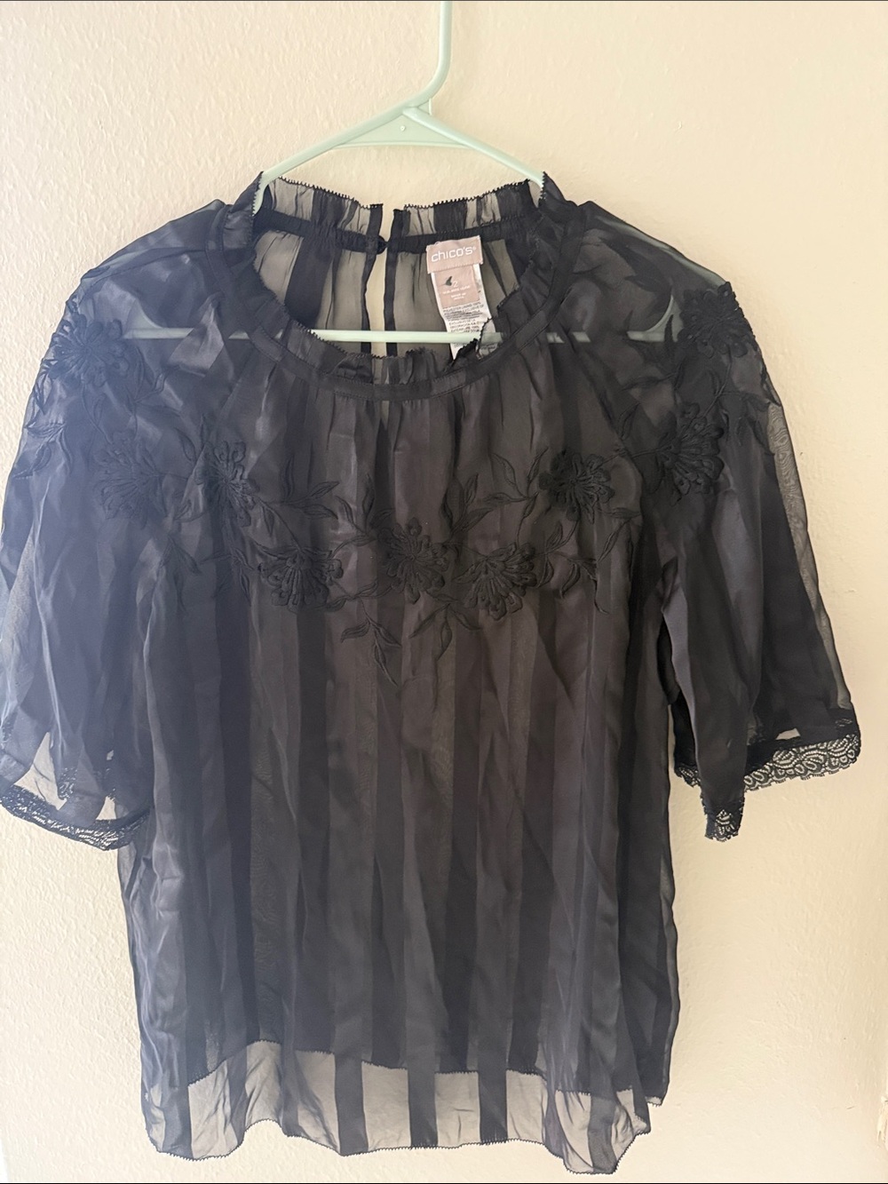 Chico's Black Sheer Floral Embroidered Blouse